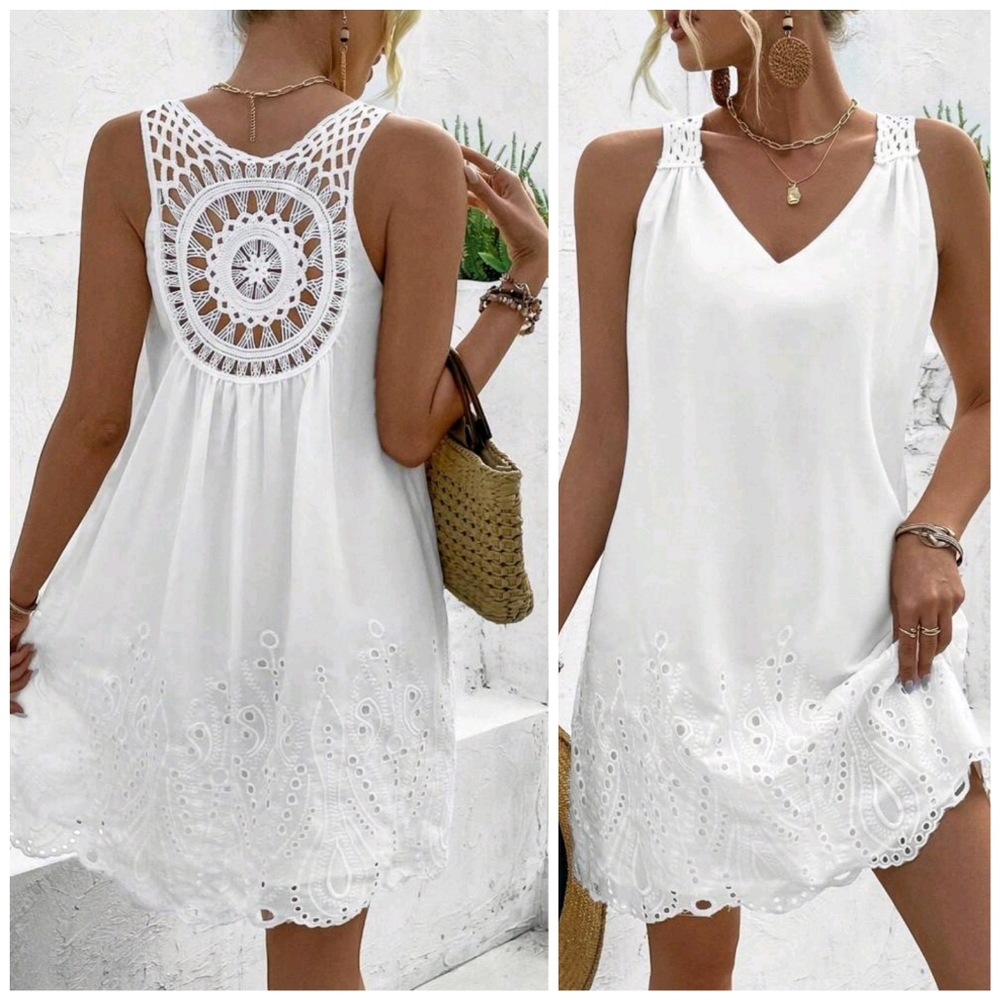 New Crochet Back Embroidered Eyelet Lace Short Dress Sleeveless White